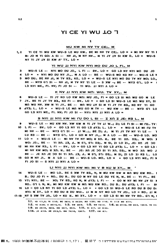 文本框:  
图1：1968年傈僳圣经语料（创世记1:1-17），展示了 ? LETTER NASALISATION MARK及 ? LETTER A GLIDE的例子。后者的高低位置与字母底下的横线成对比。
